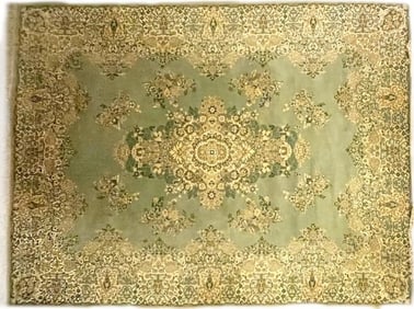 ANTIQUE ORNATE LARGE PERSIAN GREEN SILK AREA RUG