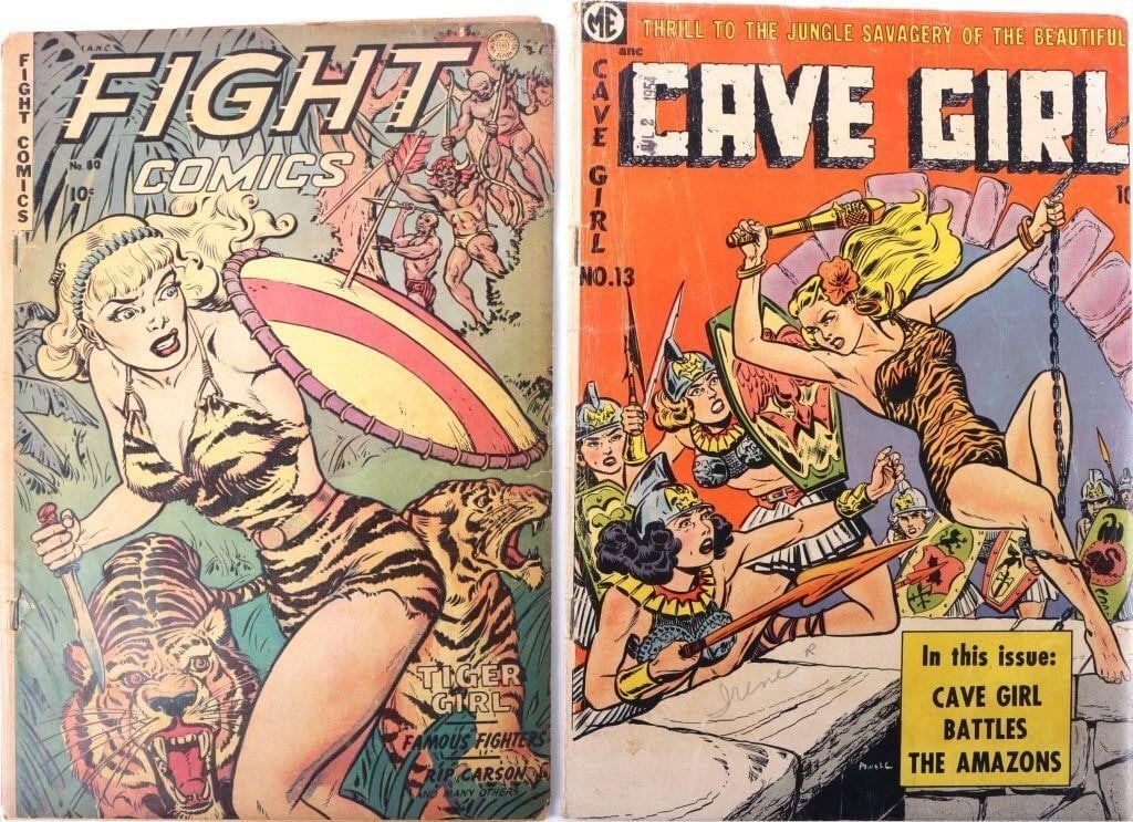 ASSORTED GOLDEN AGE COMIC BOOKS - (2): Assorted Golden Age comic books to include one Fight Comics #80, and one Cave Girl #13.Condition: Around Low to Mid grade. Comic books Fiction House Golden Age (1938-1956) Raw Book(s)
