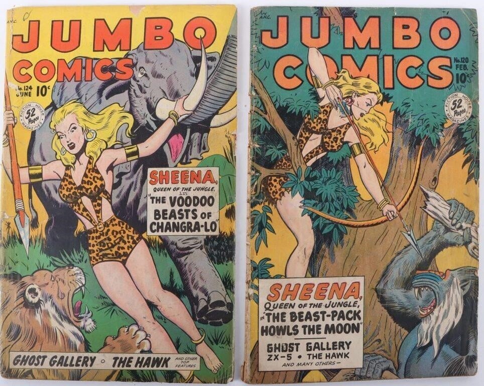 JUMBO COMICS #120 & #124 GOLDEN AGE COMIC BOOKS: Jumbo Comics #120 & #124 Golden Age comic books.Condition: Around Low to Mid grade. Comic books Fiction House Golden Age (1938-1956) Raw Book(s)