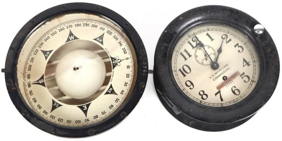 ANTIQUE WWII US NAVY INSTRUMENTS COMPASS & CLOCK