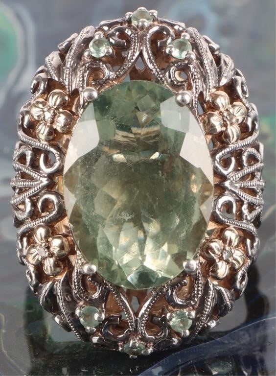 SIGNED WB .925 & 14K GREEN AMETHYST LADIES RING