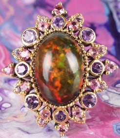 7CT BLACK OPAL STERLING SILVER RING W/ AMETHYST