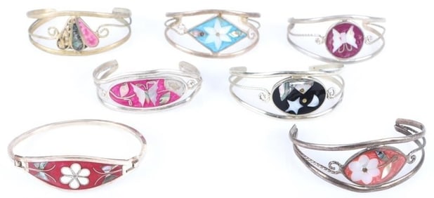 MEXICAN ALPACA MOSAIC STONE BRACELETS LOT OF 7