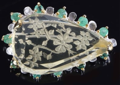 STERLING SILVER BROOCH W/ EMERALD, QUARTZ, & JADE