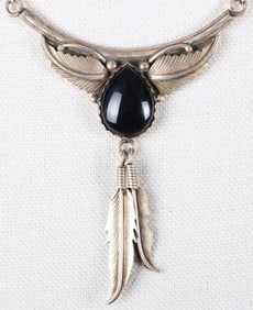 STERLING SILVER BLACK ONYX FEATHER NECKLACE