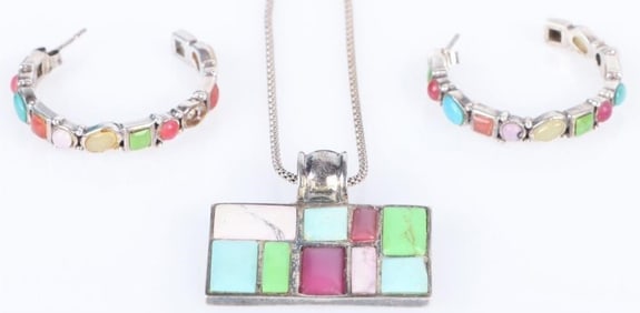 VINTAGE STERLING SILVER MULTI COLOR MOSAIC SET