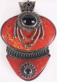VINTAGE RED CORAL & ONYX STERLING SILVER PENDANT