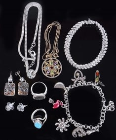 LOT OF STERLING SILVER JEWELRY COLORED STONES (8)