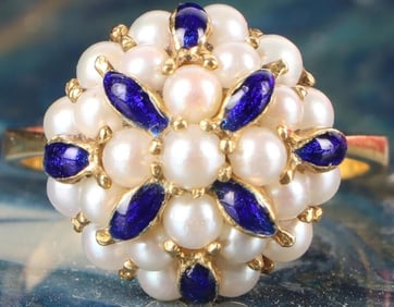 18K YELLOW GOLD PEARL & BLUE LAPIS LADIES RING