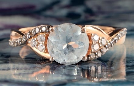 14K YELLOW GOLD AQUAMARINE DIAMOND LADIES RING