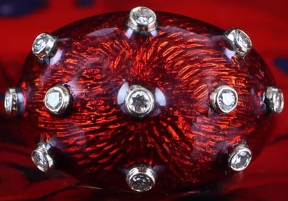 14K YELLOW GOLD DIAMOND RED ENAMEL LADIES RING