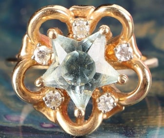 RARE STAR SHAPE CUT TOPAZ & DIAMOND LADIES RING