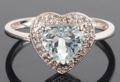 14K WHITE GOLD LADIES HEART RING W/ AQUA & DIAMOND