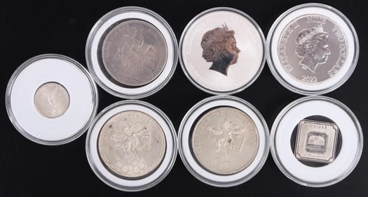 SEVEN ASSORTED FOREIGN SILVER COINAGE/ BULLION
