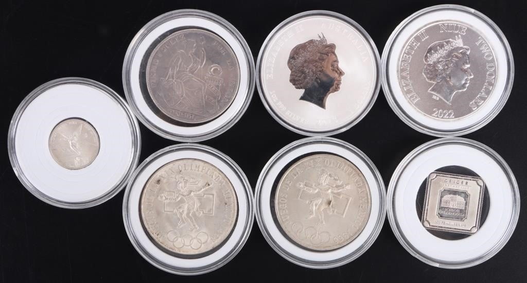 SEVEN ASSORTED FOREIGN SILVER COINAGE/ BULLION (1 of 2)