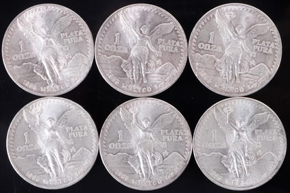 FINE SILVER 1 OZT 1985 MEXICAN LIBERTAD COINS -(6)