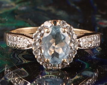 AQUAMARINE & DIAMOND 10K YELLOW GOLD LADIES RING