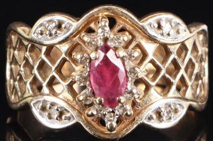 10K YELLOW GOLD RUBY DIAMOND FILIGREE LADIES RING