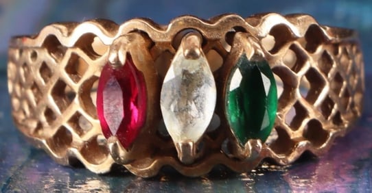 10K YELLOW GOLD RING ITALY RUBY QUARTZ SPINEL GEMS