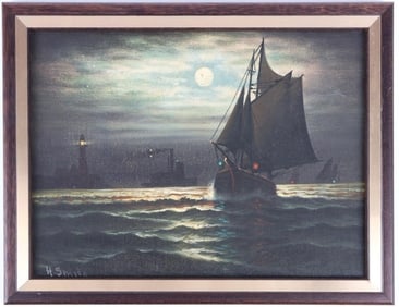H. SMITH OIL ON BOARD DEPICTING A SHIP AT NIGHT