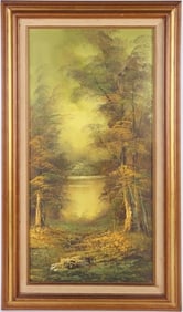 TREE & LAKE OIL PAINTING ON CANVAS SIGNED & FRAMED
