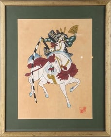 JAPANESE MEIJI SAMURAI GOUACHE OIL ON SILK FRAMED