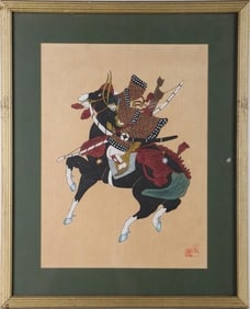 JAPANESE MEIJI SAMURAI GOUACHE OIL ON SILK FRAMED