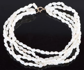 14K GOLD CLASPED FIVE-STRAND PEARL BRACELET