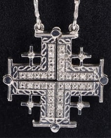 14K WHITE GOLD NECKLACE W/ DIAMONDS CRUSADER CROSS