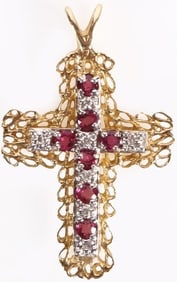 14K YELLOW GOLD DIAMOND RUBY CROSS PENDANT