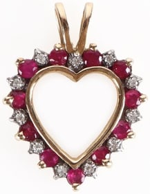 10K YELLOW GOLD DIAMOND RUBY HEART LADIES PENDANT