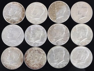 ASSORTED 90% SILVER KENNEDY HALF DOLLARS - (12)