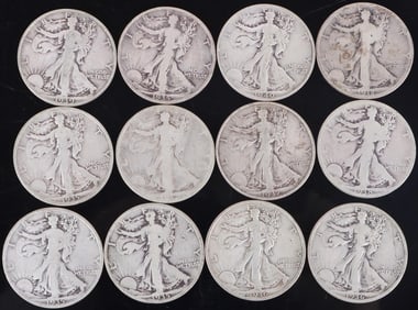 ASSORTED 90% SILVER WALKING LIBERTY HALVES - (12)