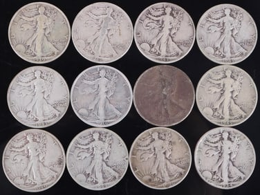 ASSORTED 90% SILVER WALKING LIBERTY HALVES - (12)
