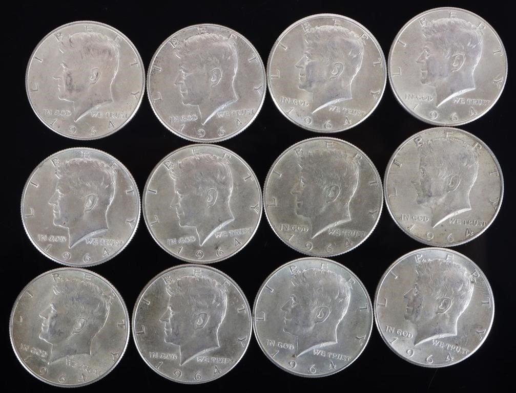 ASSORTED 90% SILVER 1964 KENNEDY HALF DOLLARS-(12) (1 of 2)