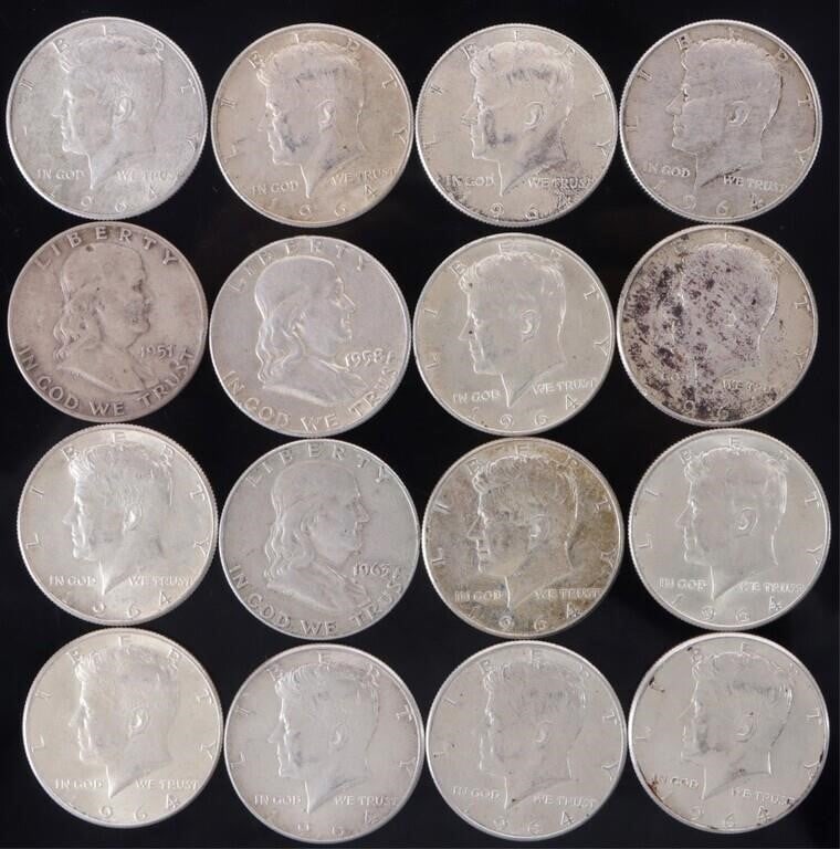90% SILVER 1964 KENNEDY/FRANKLIN HALVES - (16) (1 of 4)