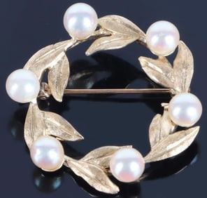 14K YELLOW GOLD PEARL WREATH LADIES BROOCH