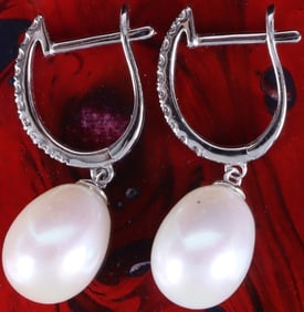 14K WHITE GOLD DIAMOND & GENUINE PEARL EARRINGS