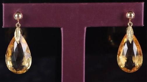 14K YELLOW GOLD LEAF CITRINE LADIES EARRINGS