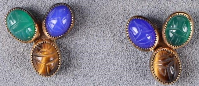 14K YELLOW GOLD LADIES EARRINGS W/ TIGERS EYE ETC