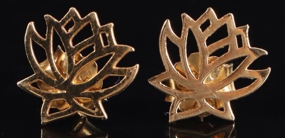 18K YELLOW GOLD LADIES STUD EARRINGS LOTUS FLOWER