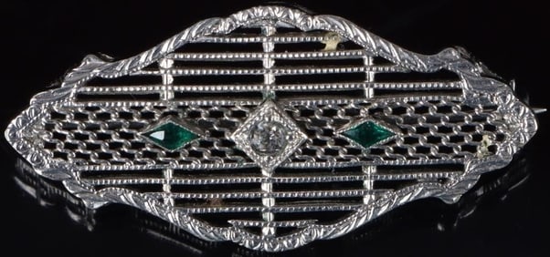 ANTIQUE FILIGREE 10K WHITE GOLD CZ LADIES PIN