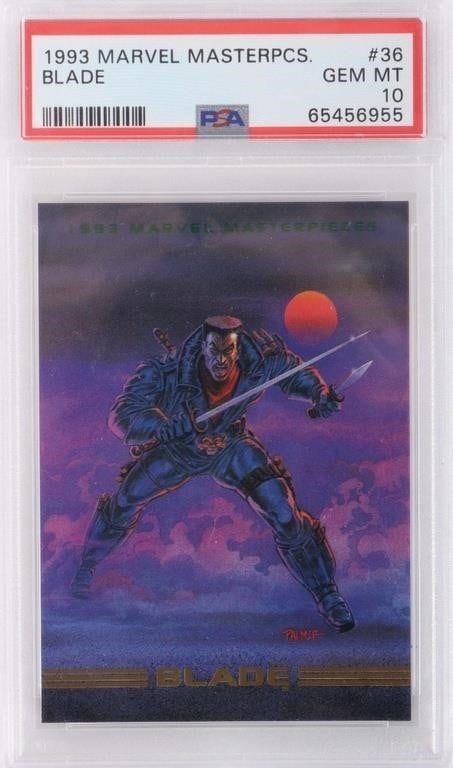 PSA 10 GEM 1993 MARVEL MASTERPIECE BLADE # 36: 1993 SkyBox Marvel Masterpieces trading card featuring the character Blade. It is part of the Marvel Masterpieces set and has a PSA 10 Gem Mint rating, making it a highly sought after collectible item