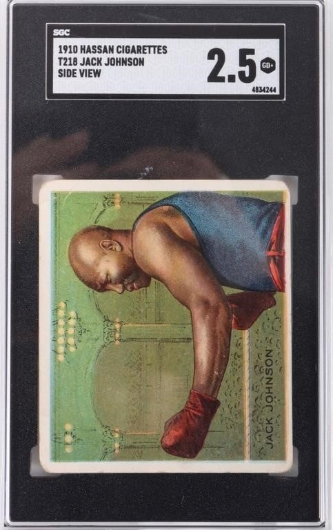 1940 HASSAN CIGARETTES T218 J. JOHNSON SIDE SGC2.5: 1940 Hassan cigarettes T218 Jack Johnson Side View SGC graded 2.5.Condition: SGC 2.5 Sports cards Boxing