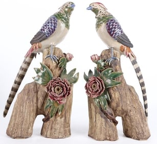 PHEASANT PERCHED ON TREE BRANCH SCULPTURE PAIR