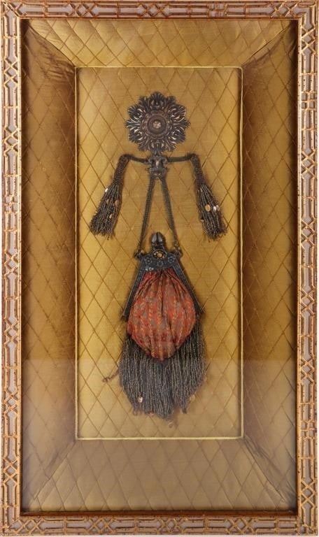 VINTAGE JOHN RICHARD SHADOW BOX W/ ANTIQUE PURSE: Vintage John Richard Shadow Box with antique purse framed GRF-3676 to include a petite pouche fringee delicately fringed pouch purse of antiqued fabric centers this sauterne silk-padded & upholstered