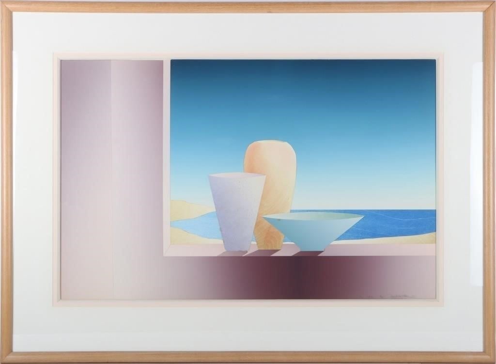 DANIEL ABBOTT 'THE WAVE' 12/100 PAPER COLLAGE: Daniel Phillip Abbott "The Wave" 12/100 paper collage of three vessels sitting on a frame amidst the sunny beach. Not much is known about the talented artist by the name of Daniel Phillip Abbott.Size: