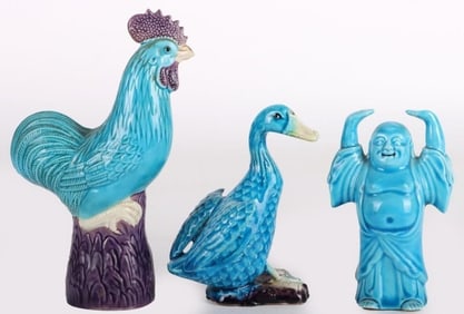 VINTAGE CHINESE TURQUOISE PORCELAIN FIGURINES (3)