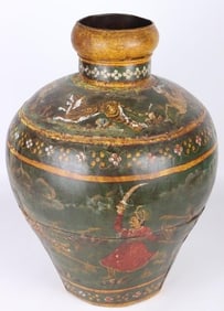 19TH C. INDIAN TIGER PAINTED METAL TOLEWARE POT