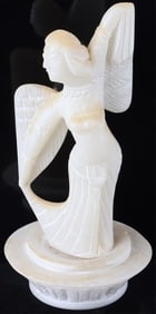 WHITE JADE CARVED STATUE OF AN ANGEL ON A PEDESTAL